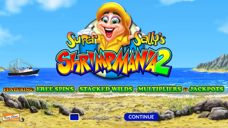 Super Sally's Shrimpmania 2 - skrin utama dengan kekili 5×4 dan grid 40 payline